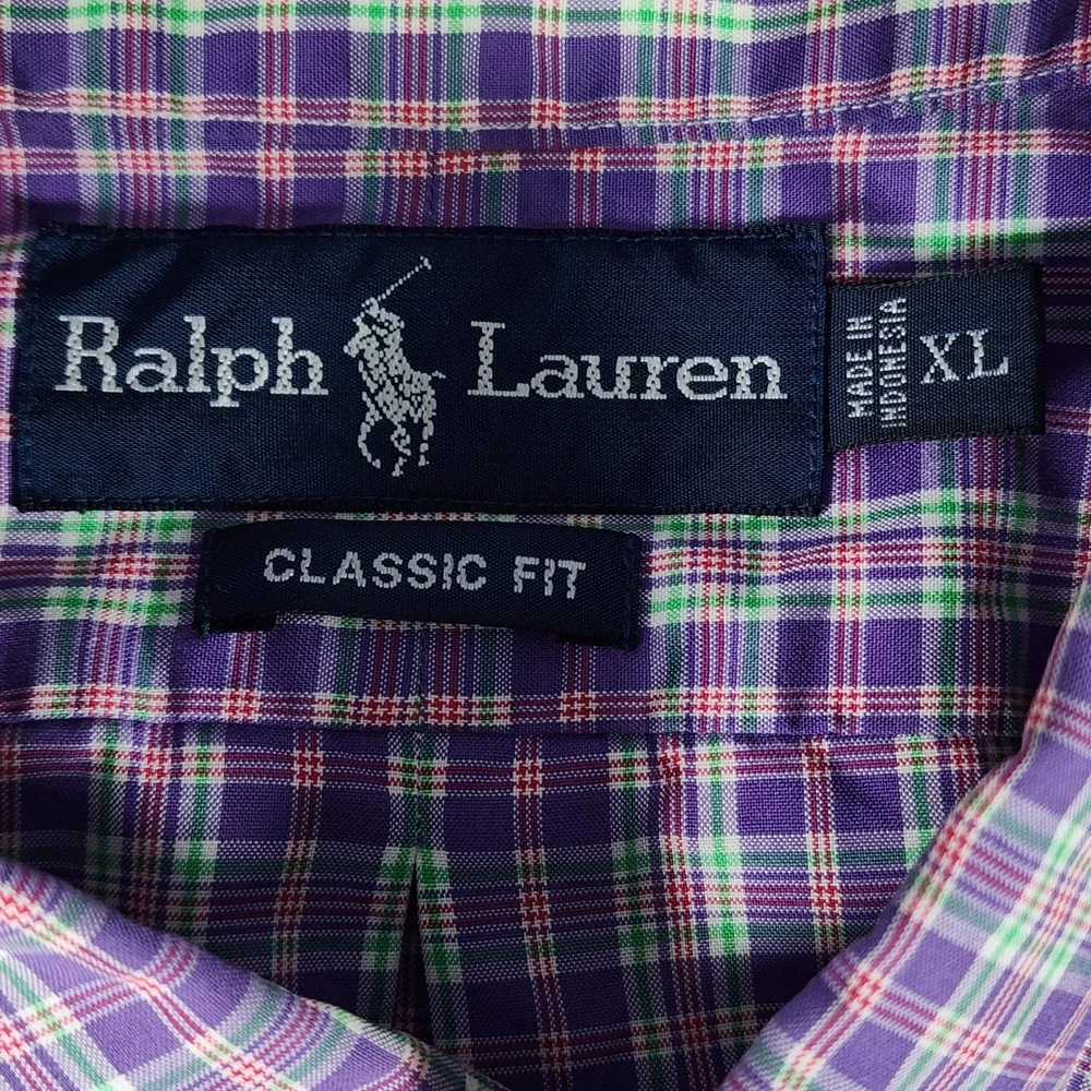 Ralph Lauren Classic Fit Button Down Shirt Mens XL Purple Plaid Short Sleeve